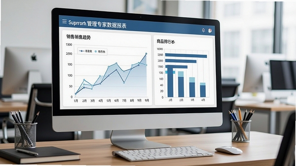 超市管理专家数据报表界面,显示销售趋势折线图、商品排行条形图,背景为办公室桌面,电脑屏幕清晰,色调专业