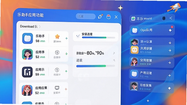乐助手应用管理功能展示,界面中显示应用列表和安装进度条,背景为动态的下载队列,色彩明亮活泼,突出应用获取的便捷性与丰富性,画面风格现代且富有活力