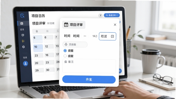 奇速日历的日程创建功能预览图,画面展示用户正在编辑一个名为“项目评审”的日程,弹出窗口中有时间选择器、提醒选项和备注栏,整体界面布局清晰,操作按钮醒目,背景为简洁的办公桌面环境。