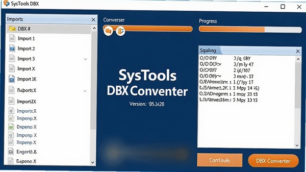 一款名为SysTools DBX Converter的数据转换软件主界面,界面简洁现代,左侧列出DBX文件导入列表,右侧显示转换进度条与日志窗口,深蓝色背景配以白色与橙色高亮按钮,整体风格偏向专业工具软件,画面中心显示软件名称与版本号,四周留白干净无杂物