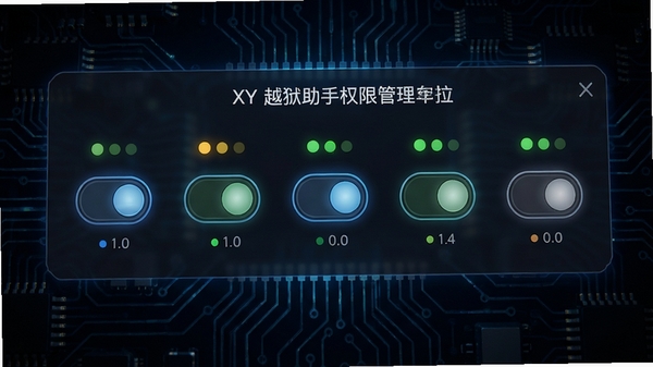 XY越狱助手权限管理界面,展示一排开关按钮与状态指示灯,背景为深色电路板纹理,突出科技感与掌控力