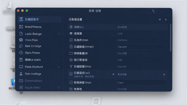当乐越狱助手主界面截图,深蓝色调,左侧功能列表,右侧详细设置面板,整体风格简洁现代,窗口边缘带有柔和阴影,背景为浅灰色桌面环境