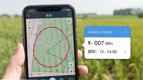 测面积测亩仪软件在户外实地测量时的手机屏幕特写,地图上显示红色轨迹线圈出地块边界,旁边弹出面积数据卡片,背景是模糊的田野风光,画面清晰、层次分明