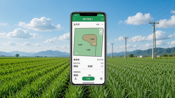 在一片广袤的绿色农田上方,悬浮着一部智能手机屏幕,屏幕中清晰显示着测面积测亩仪软件界面,包含地块轮廓、面积数字与测量数据,背景是蓝天白云和远处的山峦,画面明亮写实,突出测量精准与科技感