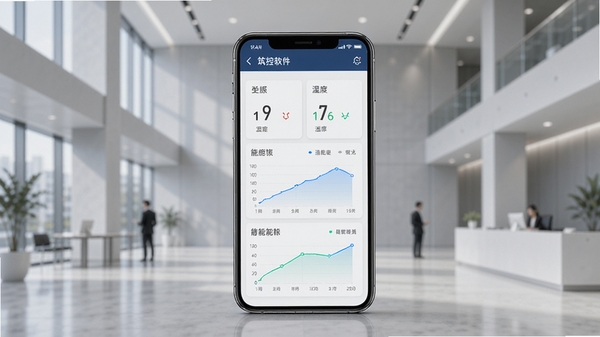 筑控软件主界面展示图,画面中央是手机屏幕特写,屏幕上显示楼宇设备管理仪表盘,包括温度、湿度、能耗曲线等数据卡片,背景为现代写字楼大堂,浅灰色调,光线明亮,高清渲染,科技感风格