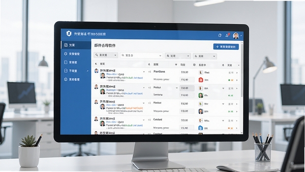 外贸邮件助手软件主界面预览图,展示清晰的邮件管理列表和功能导航栏,背景为简洁的商务办公场景,整体色调以蓝色和白色为主,营造专业高效的软件氛围