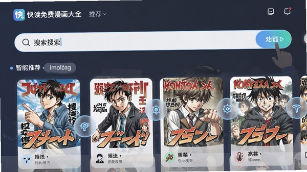 快读免费漫画大全的搜索与推荐界面,搜索框输入关键词,下方展示个性化推荐的漫画卡片,界面现代,配色舒适,突出智能推荐功能