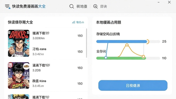 快读免费漫画大全的离线缓存管理界面,显示漫画下载列表和存储空间占用情况,界面简洁,操作按钮清晰,突出本地缓存功能