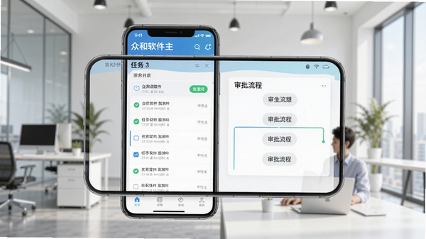 众和软件主界面预览图,展示手机屏幕上的应用界面,背景为现代简约的办公室场景,界面清晰显示任务列表和审批流程,整体色调明亮清爽,突出软件的便捷性和高效性