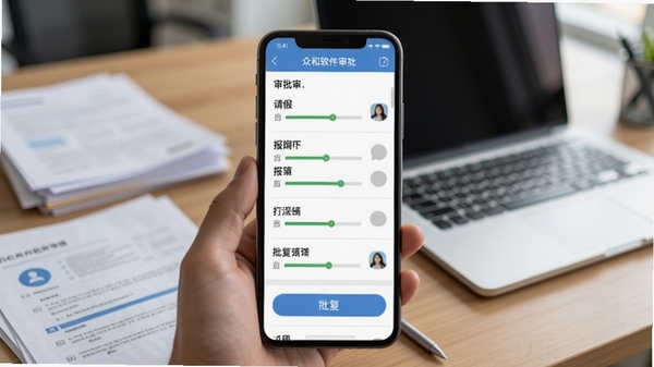 众和软件审批功能界面截图,显示手机上的审批列表,包含请假、报销等条目,背景为办公桌上的文件和笔记本电脑,画面清晰展示流程进度条和批复按钮