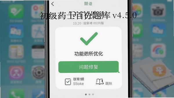 初级药士百分题库v4.5.0版本更新内容展示,背景为手机系统更新界面,画面包含对勾图标与版本号元素,整体风格简洁明快,突出功能优化与问题修复。