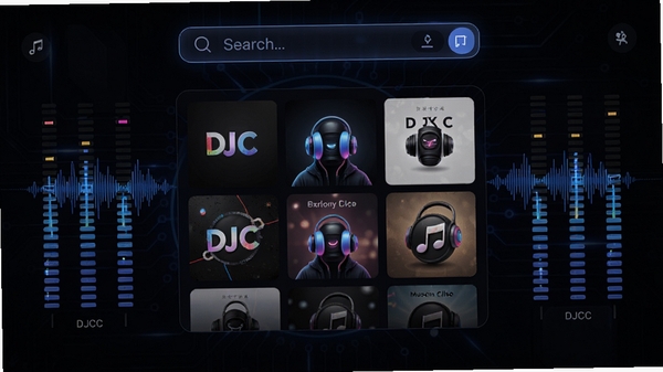 DJCC音乐盒主界面展示,深色科技感背景,中央为专辑封面墙,顶部搜索栏醒目,两侧均衡器动态波纹,整体风格现代简约,细节丰富,4K高清渲染