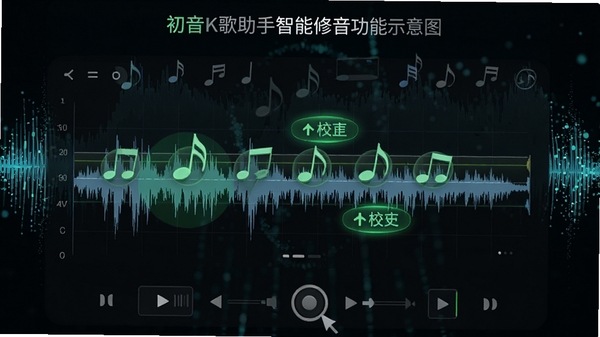 初音K歌助手智能修音功能示意图,展示音频波形图中音符被自动吸附到标准音高线的过程,界面有绿色的校正提示光效,背景为声波粒子特效,风格专业且富有动感