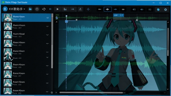初音K歌助手主界面预览图,展示蓝色调软件窗口,左侧为歌曲列表,右侧为波形编辑区,背景带有初音未来形象剪影,整体风格科技感与二次元结合,画面清晰明亮