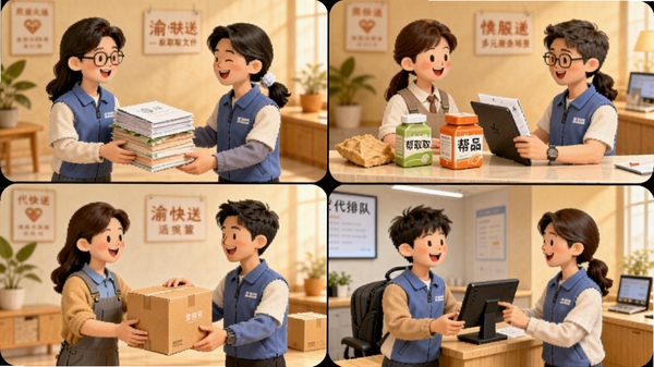 渝快送多元服务场景展示图,画面分为多个小格子,分别展示取送文件、代买药品、帮取快递、代排队等场景,人物形象活泼,背景为暖色调,体现生活服务全覆盖