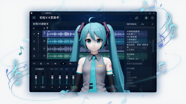 初音K歌助手主界面预览图,展示虚拟歌姬形象与音频波形编辑界面,深蓝色科技感背景,界面布局清晰,包含音轨、调音台和歌词显示区域,整体风格时尚且具有未来感,画面主体为软件操作窗口特写,四周辅以柔和的光效与音符元素点缀