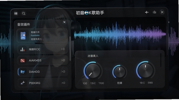 初音K歌助手声音美化功能界面,展示音效插件列表与参数调节旋钮,背景为声波频谱图,界面风格为深色半透明玻璃拟态,强调电子音乐制作氛围