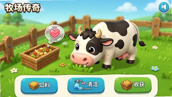 《牧场传奇》游戏内动物养殖界面截图,展示一只可爱的卡通奶牛在绿色草地上吃草,旁边有饲料槽和爱心气泡,界面下方有饲料、清洁、收获等操作按钮,画风清新可爱,UI布局清晰,适合作为游戏玩法预览图