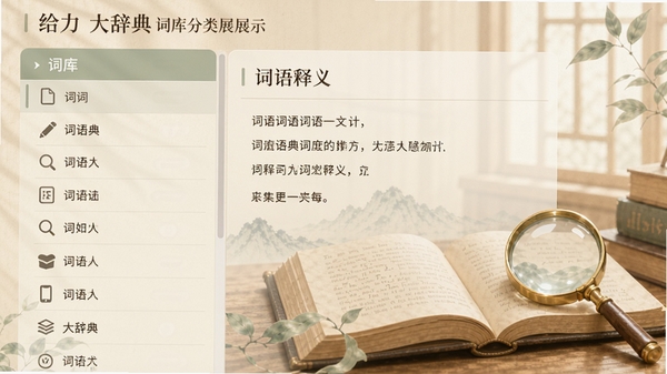 给力大辞典词库分类展示界面,左侧为词库列表,右侧显示词语释义,配以淡雅的书本与放大镜元素,整体色调柔和,突出学习氛围
