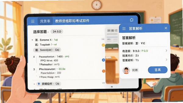 教师资格职称考试软件内部功能预览图,屏幕上展示着选择题答题界面,右侧有答案解析弹窗,背景为暖色调的教室场景,画面明亮清晰,突出移动学习的便捷性,扁平化插画风格