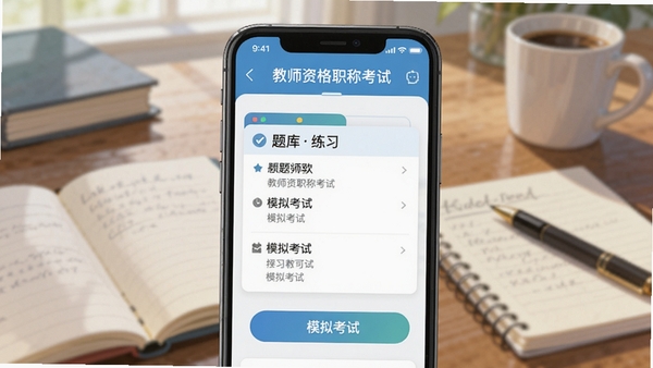 一款名为教师资格职称考试的手机应用界面,占据画面主体,背景是模糊的书桌和笔记本,界面清晰展示题库练习和模拟考试功能,整体色调清新淡雅,突出学习氛围,数字绘画风格,高细节