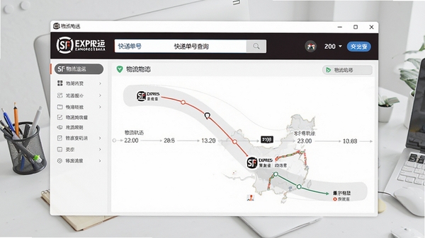 顺丰速运通电脑版主界面预览图,展示清晰的快递单号查询框、左侧功能导航栏以及中部醒目的物流轨迹时间轴,背景为干净的浅灰色办公桌面
