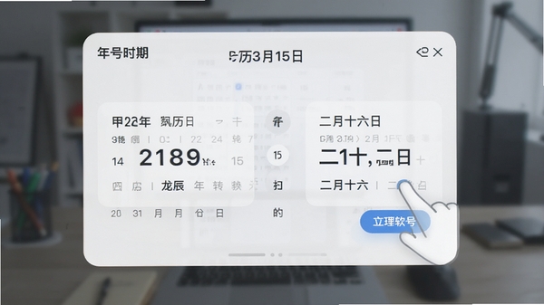 年号转换软件功能特写图,展示公历2024年3月15日转换为农历甲辰年(龙年)二月十六日,并匹配年号时期的界面交互效果,UI设计现代简约,数据展示清晰,背景虚化处理突出前景内容
