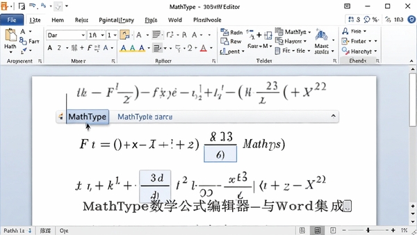 MathType数学公式编辑器在Word文档中嵌入公式并实现自动编号的截图,显示Word界面,光标处有MathType插入的公式,配文:MathType数学公式编辑器 与Word集成