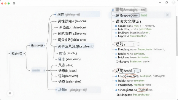 英语语法大全知识点总结界面,展示树状图式的语法分类,包括词性、时态、语态、从句等,右侧显示具体规则与例句,整体风格简约清晰,适合桌面端学习