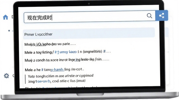 英语语法大全软件搜索功能演示图,搜索框内输入“现在完成时”,下方列出相关语法条目和例句列表,界面简洁明了,响应迅速