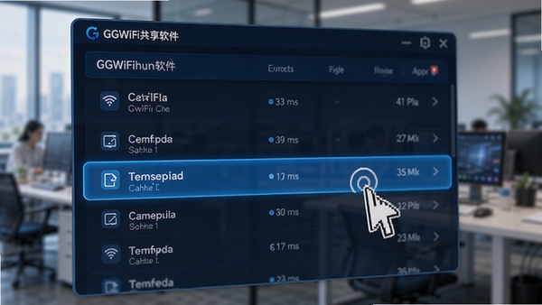 GGWiFi共享软件自动扫描并识别局域网内共享网络的界面特写,列表形式展示网络节点,鼠标指针点击连接,界面高亮显示已连接状态,背景为模糊的办公环境,科技蓝配色,界面设计现代,产品功能展示图
