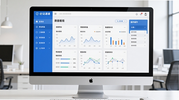 创建一张展示e站通网络营销推广工具软件主界面的图片,界面包含左侧功能导航栏、中央数据看板、右侧操作面板,整体风格现代简约,色彩以蓝色和白色为主,桌面电脑屏幕显示,背景为简洁办公环境,画面清晰明亮,没有人物出现。