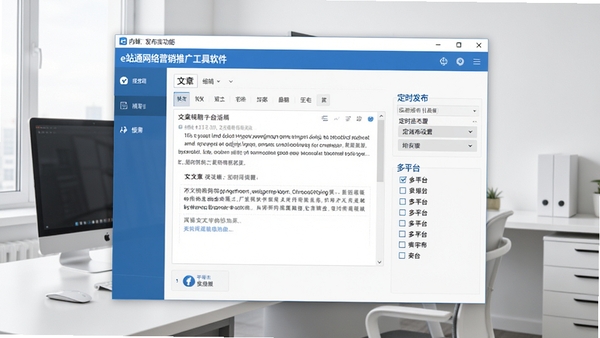 e站通网络营销推广工具软件的内容发布功能界面,显示文章编辑框、定时发布设置、多平台勾选列表,界面以蓝色和白色为主,桌面软件窗口展示,背景为简洁办公室一角,画面干净明亮,无人物出现。
