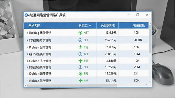 e站通网络营销推广工具软件的站点管理功能截图,显示多个网站列表,每行包含网站名称、状态图标、关键词排名数据、收录数量,界面数据表格样式,蓝色主题色,桌面软件窗口展示,背景为浅灰色工作台,图片风格写实清晰。