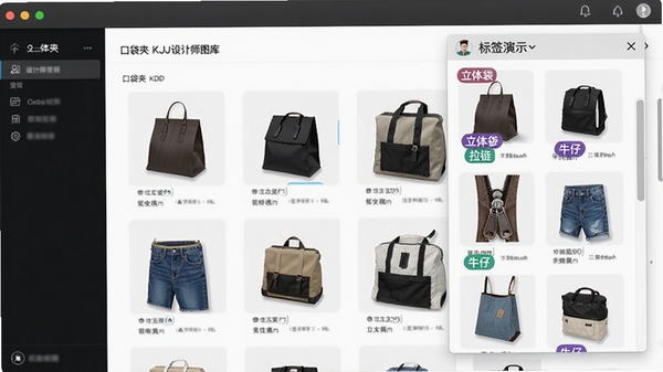 口袋夹KDJ设计师图库的分类标签功能演示截图,右侧弹出标签编辑框,展示多个素材文件被标记了“立体袋”、“拉链”、“牛仔”等彩色标签,界面清晰直观