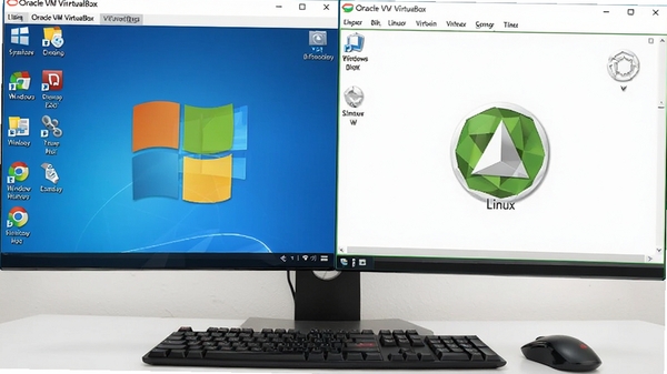 Oracle VM VirtualBox中同时运行Windows和Linux虚拟机的双屏显示效果图,桌面图标清晰可见
