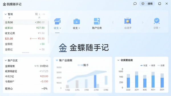 金蝶随手记主界面截图,展示清晰的收支分类、账户总览和图表统计区域,整体风格简洁明亮,背景为淡蓝色渐变,界面中央显示“金蝶随手记”字样和主要功能图标