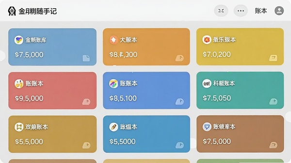 金蝶随手记的账本列表页面,展示多个不同名称的账本卡片,每个卡片上有不同颜色标识和余额数字,背景为浅灰色,整体风格扁平化设计