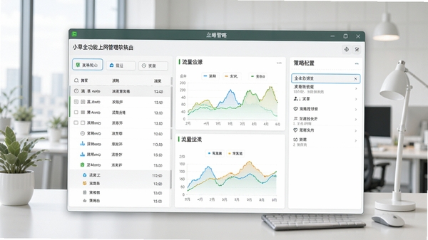 小草全功能上网管理软路由主界面预览图,展示设备列表、流量图表、策略配置面板,整体风格简洁明亮,背景为现代办公场景,画面主体为软件操作窗口,细节清晰,适合软件介绍配图