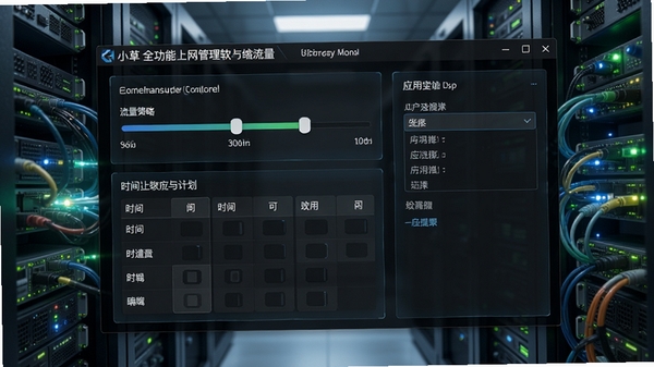 小草全功能上网管理软路由流量管控策略编辑界面,展示带宽限制滑块、时间计划表、应用选择框,背景为网络机柜与光效,画面主体为软件操作面板,科技感强,细节清晰