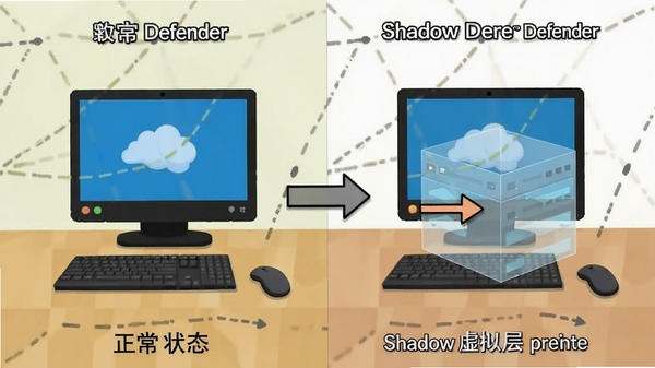 Shadow Defender 影子模式开启示意图,左侧为正常状态,右侧为受保护状态,箭头示意数据流向虚拟层,简洁明了的对比风格