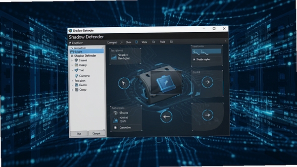 Shadow Defender 系统保护软件界面预览图,画面中央展示主控制台,背景为抽象的虚拟化数据流动层,蓝色科技感色调,风格写实清晰