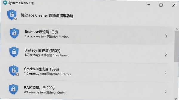 System Cleaner 隐私清理功能界面,展示浏览器痕迹清理选项,背景为淡雅灰色,列表清晰,配有隐私盾牌图标