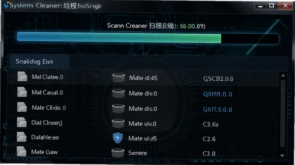 System Cleaner 垃圾扫描进行中的动画截图,显示扫描进度条和文件分类列表,背景为深色科技感风格,高亮显示扫描到的垃圾文件数量