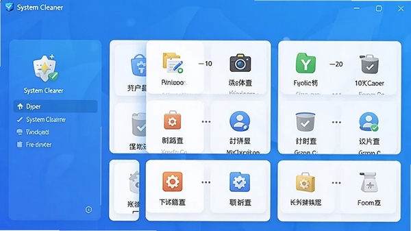 System Cleaner 软件主界面预览图,展示清晰的分类清理模块,背景为简洁的蓝色渐变,图标高亮,整体风格现代干净