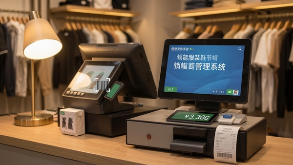 领智服装鞋帽销售管理系统收银台操作场景,显示商品扫码、金额结算、小票打印界面,背景为服装店收银台,灯光柔和,细节真实