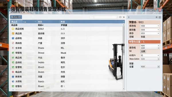 领智服装鞋帽销售管理系统库存管理界面,显示商品规格列表、库存数量、预警线设置,背景为仓库货架,画面细节丰富,风格写实清晰