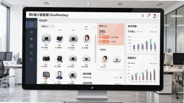 领智服装鞋帽销售管理系统主界面预览图,展示商品列表、库存预警、销售统计等核心模块,界面简洁明亮,背景为现代办公室环境,整体风格商务清晰,适配Boogu模型生成