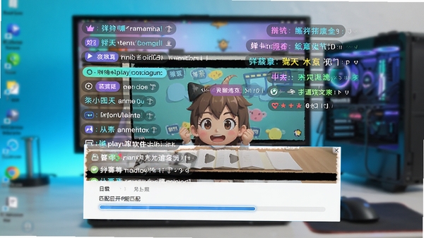 弹弹play软件功能展示图,画面中视频画面上方飘过各种颜色的弹幕评论,软件界面显示出弹幕加载和匹配的进度条,背景为模糊的电脑桌面,整体色调明亮。