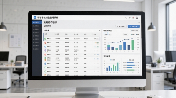领智手机销售管理系统主界面预览图,展示清晰的进销存功能模块布局,背景为整洁的现代化办公环境,前景是电脑屏幕上的软件操作界面,包含商品列表和销售数据图表,画面明亮写实